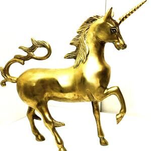 Large Vintage Nobel Solid Brass Prancing Unicorn With Wild Tail